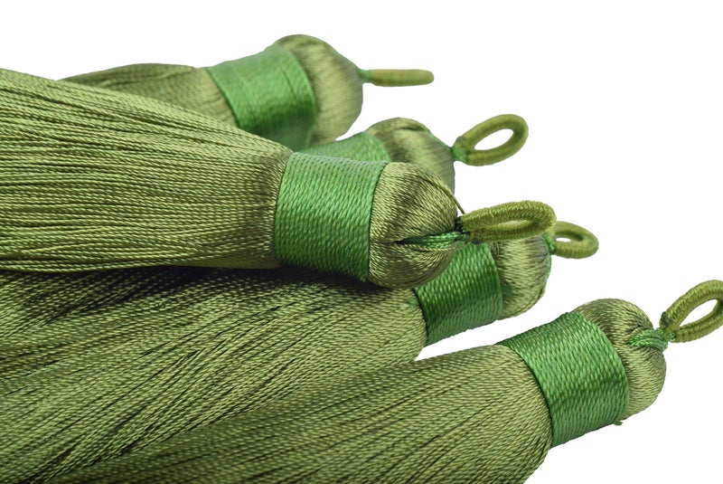 KONMAY 10pcs 3.4''(8.5cm) Handmade Imitation Silk Tassels with Hanging Loop for Jewelry Making (Army Green) - Image 2